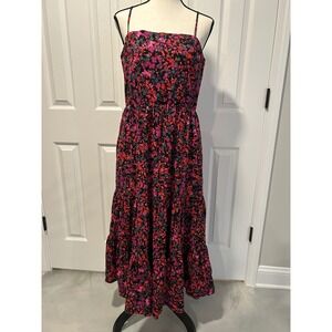 EVEREVE Aurora Women Floral Tiered Maxi Dress Pink Red Teal Smocked Size Large